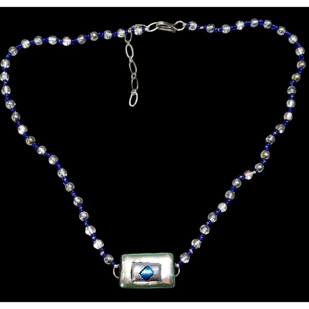 Handmade Dichroic Glass Blue And Silver Tone Necklace
